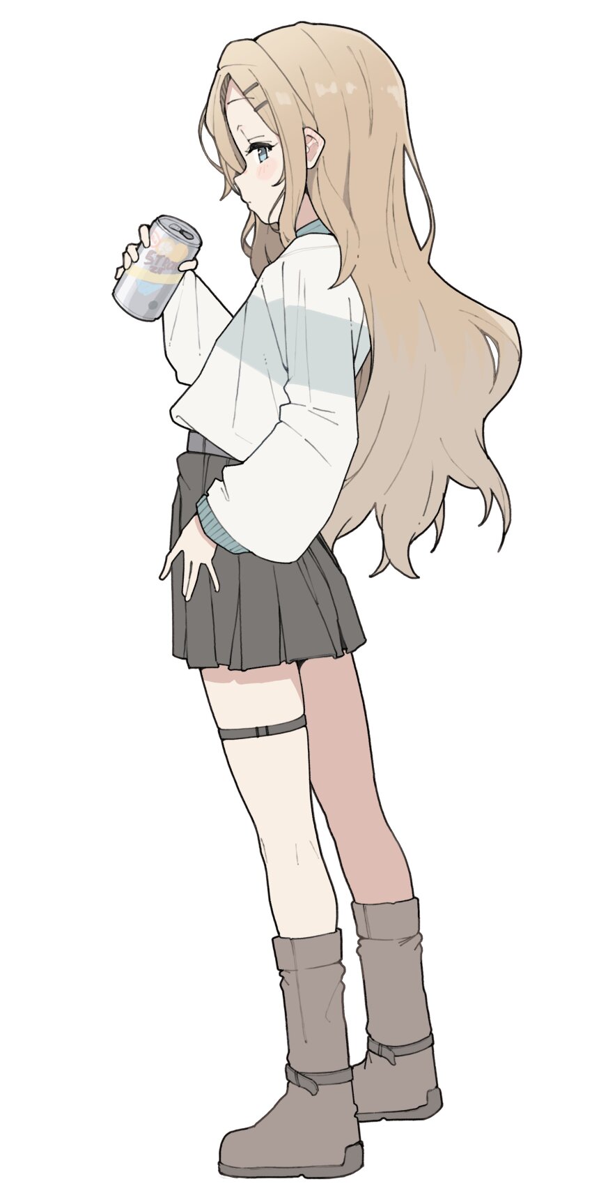 1girl, absurdres, beer_can, blue_eyes, boots, brown_boots, brown_hair, can