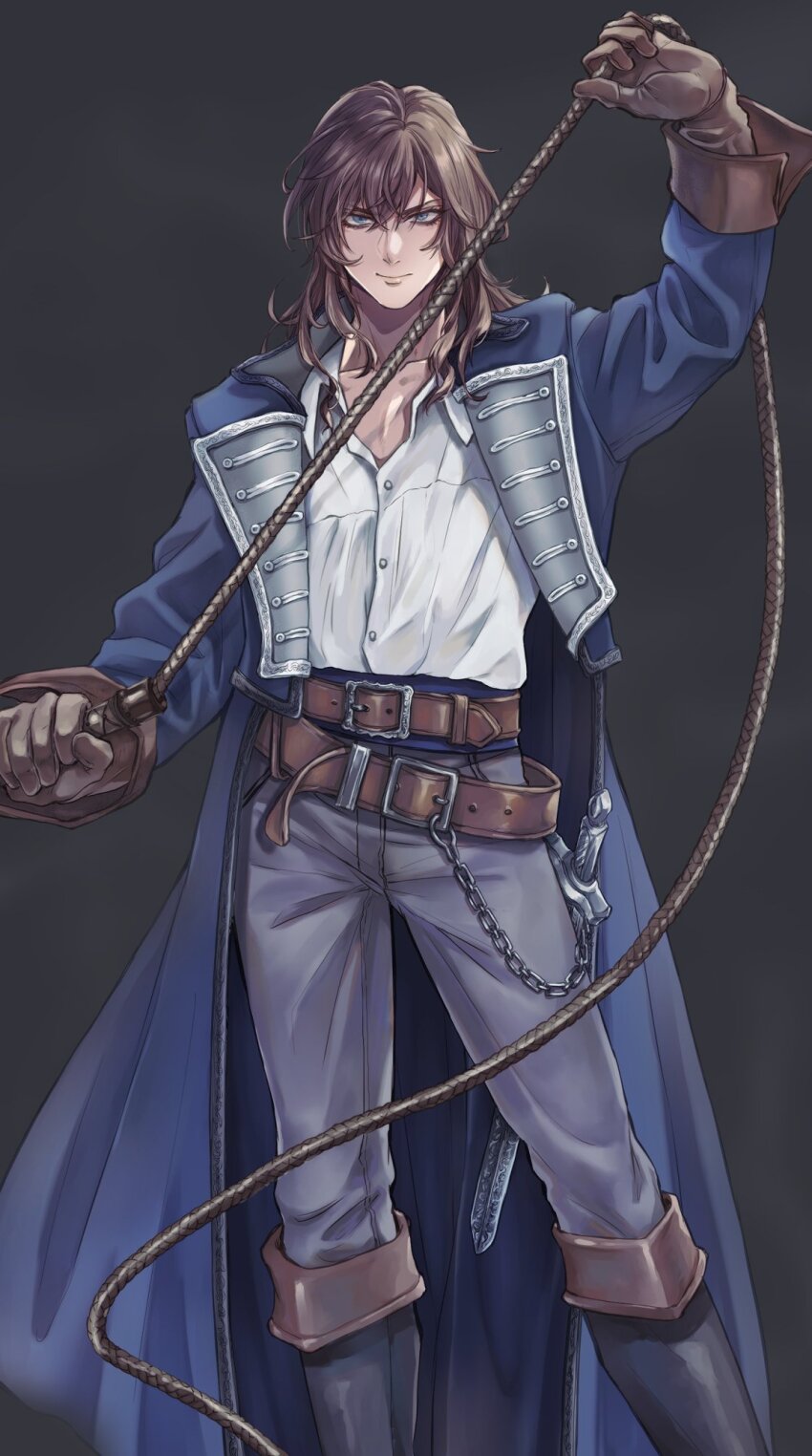 1boy, belt, blue_coat, blue_eyes, boots, brown_gloves, brown_hair, castlevania:_symphony_of_the_night