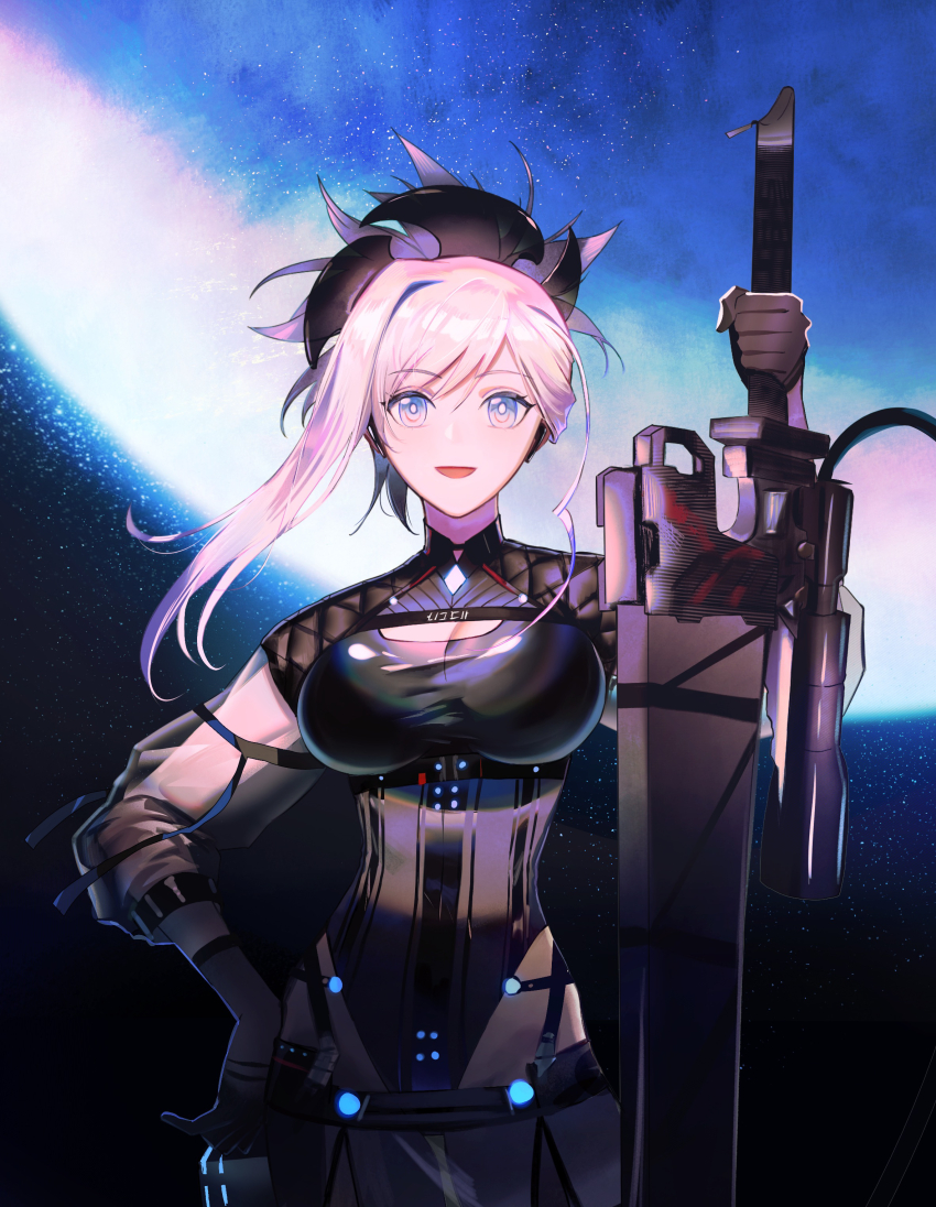 1girl, absurdres, black_dress, black_gloves, black_shirt, blonde_hair, blue_eyes, breasts