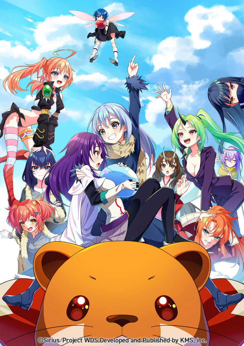 6+girls, :d, akiru_kamira, benimaru_(tensura), benimaru_(tensura)_(cosplay), black_hair, blue_eyes, blue_hair