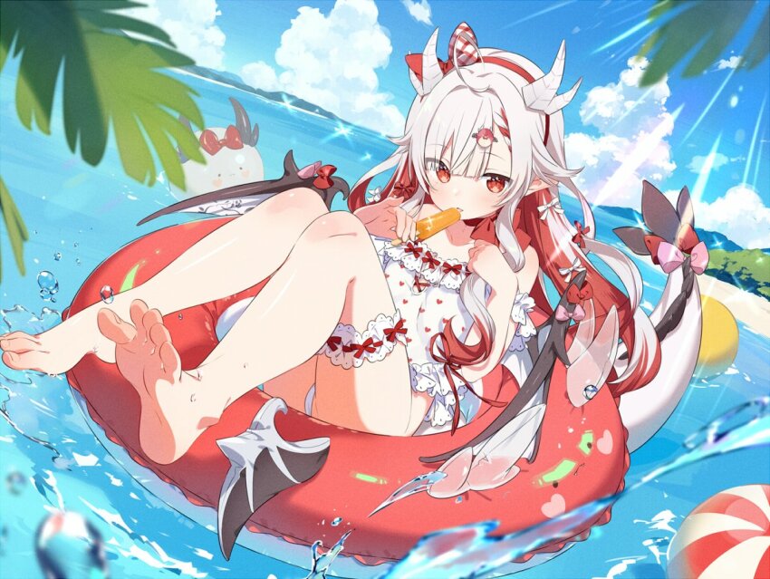 1girl, barefoot, bikini, bow, cloud, dragon_girl, dragon_horns, dragon_tail