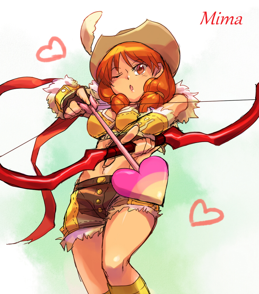 1girl, arrow_(projectile), bow_(weapon), brown_gloves, brown_hat, brown_shorts, commentary_request, cowboy_shot