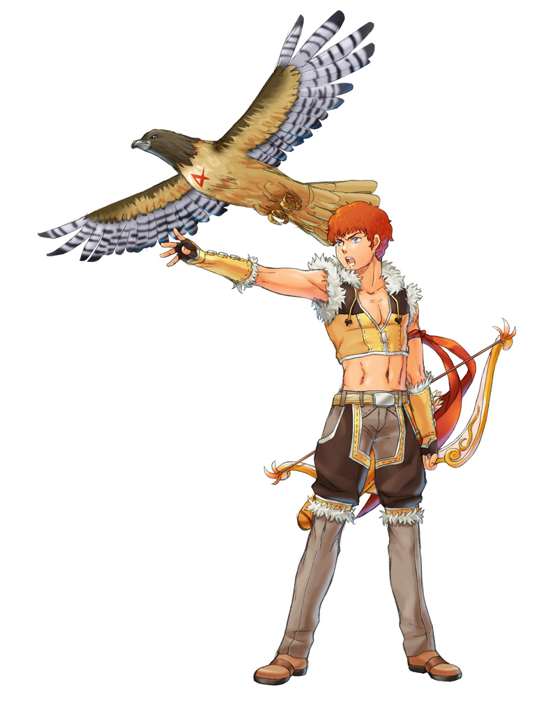 1boy, amuro_ray, bird, blue_eyes, bow_(weapon), brown_gloves, brown_shirt, brown_shoes, brown_shorts, commentary_request, cosplay, crop_top, fingerless_gloves, full_body, fur-trimmed_gloves, fur-trimmed_shirt, fur-trimmed_shorts, fur_trim, gloves, grey_pants, gundam, hawk, holding, holding_bow_(weapon), holding_weapon, kakyoi, looking_afar, male_focus, midriff, mobile_suit_gundam, navel, open_mouth, orange_hair, pants, pants_under_shorts, ragnarok_online, shirt, shoes, short_hair, shorts, simple_background, sleeveless, sleeveless_shirt, sniper_(ragnarok_online), sniper_(ragnarok_online)_(cosplay), solo, two-tone_gloves, two-tone_shirt, weapon, white_background, yellow_gloves, yellow_shirt