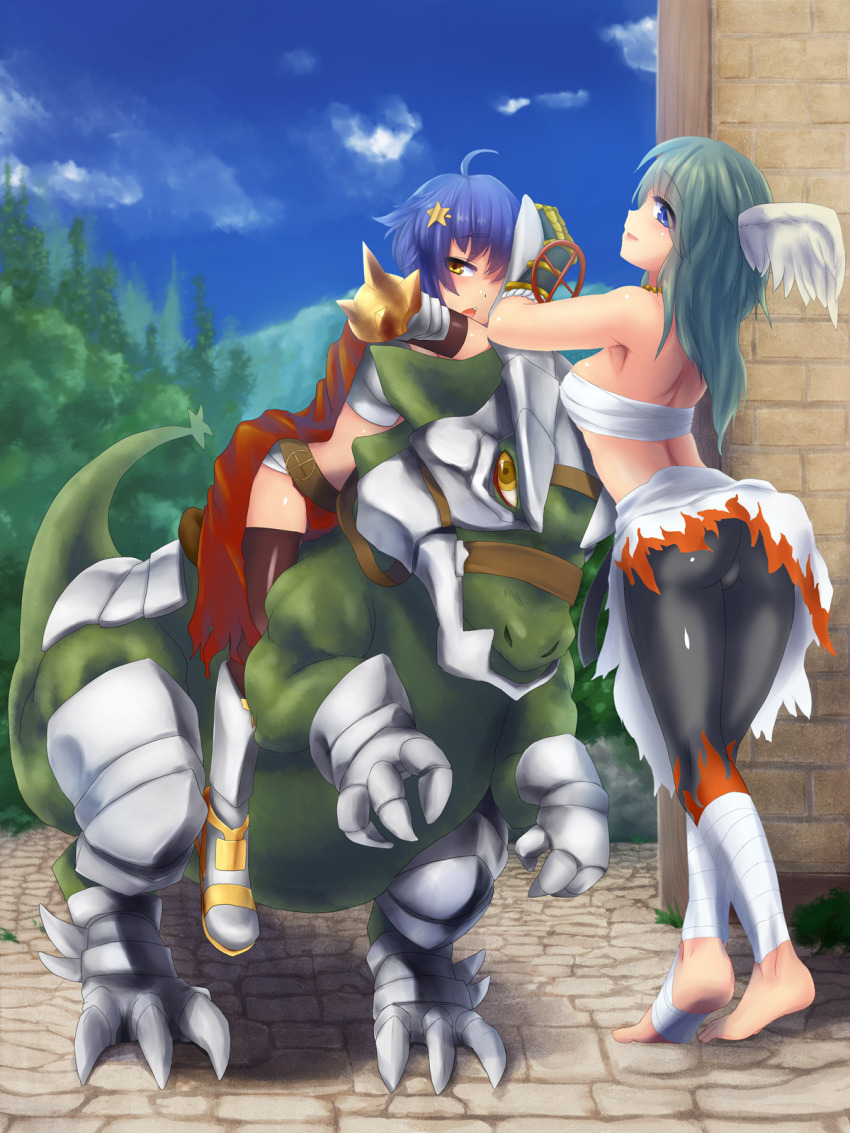 2girls, ahoge, armor, armored_boots, back, barefoot, bikini_armor, black_pants