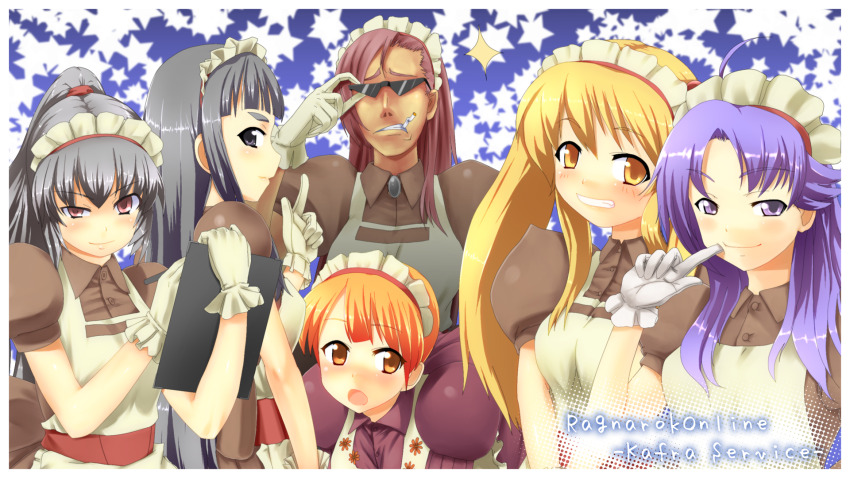 6+girls, ahoge, apron, asymmetrical_bangs, black_eyes, blonde_hair, blossom_(ragnarok_online), blue_background