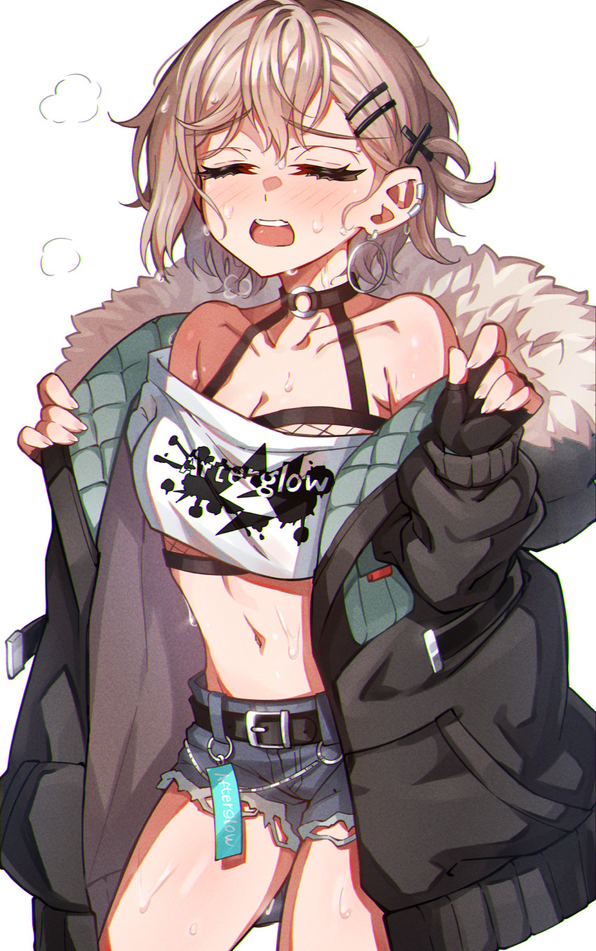 1girl, absurdres, animal_ears, aoba_moca, bang_dream!, bang_dream!_girls_band_party!, black_jacket, blue_shorts, blush, breasts, cleavage, commentary, crop_top, earclip, grey_hair, hair_ornament, hairclip, highres, jacket, junji_17, medium_breasts, open_clothes, open_jacket, open_mouth, parallel_hairclips, short_hair, shorts, simple_background, solo, stomach, sweat, teeth, upper_teeth_only, white_background