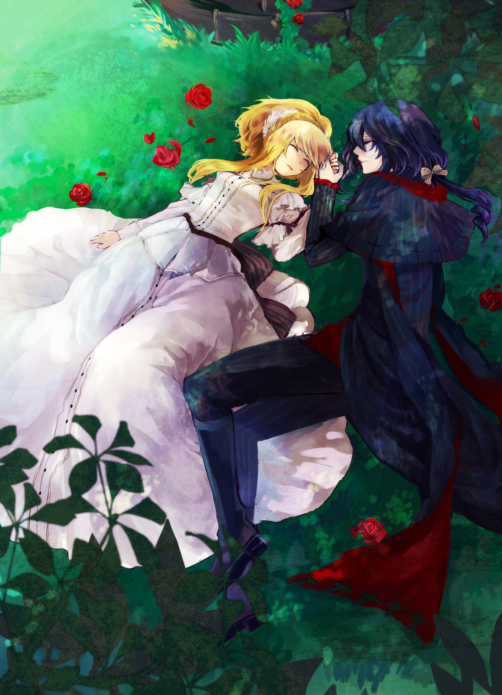 1boy, 1girl, black_hair, blonde_hair, boots, closed_eyes, couple, dress
