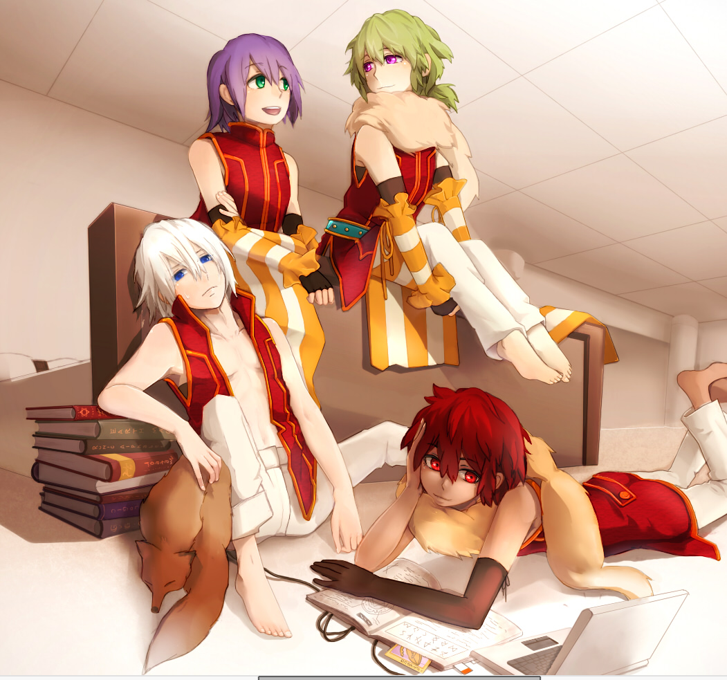 4boys, animal, animal_around_neck, barefoot, bed, black_gloves, blue_eyes, book