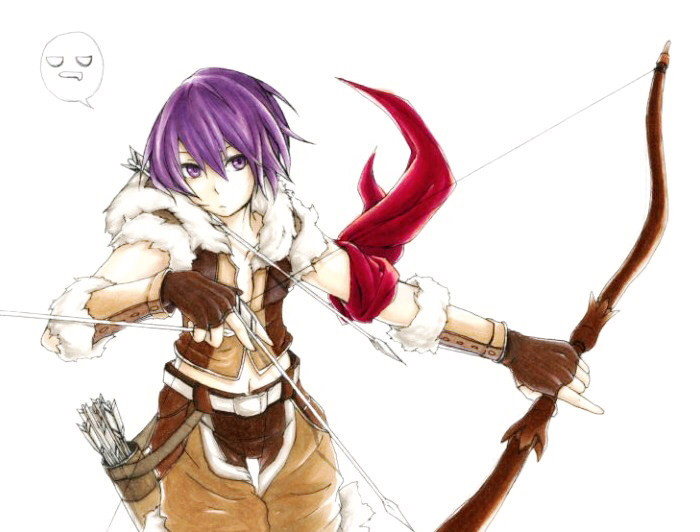 1boy, armband, arrow_(projectile), bow_(weapon), brown_gloves, brown_shirt, brown_shorts, closed_mouth