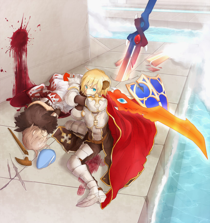 2boys, armor, armored_boots, black_tabard, blonde_hair, blood, blood_splatter, blood_trail