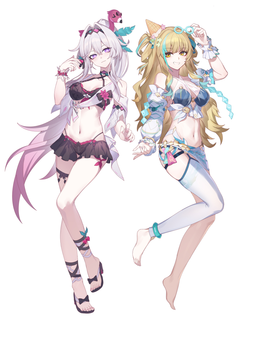 2girls, absurdres, asymmetrical_sleeves, bare_shoulders, barefoot, bikini, bikini_skirt, black_bikini, black_hairband, black_skirt, blonde_hair, breasts, bright_pupils, closed_mouth, detached_sleeves, full_body, gradient_hair, hair_between_eyes, hair_ornament, hairband, hand_up, high_heel_sandals, high_heels, highres, honkai_(series), honkai_impact_3rd, kather, large_breasts, long_hair, long_sleeves, looking_at_viewer, medium_breasts, multicolored_hair, multiple_girls, navel, official_alternate_costume, pink_hair, ponytail, purple_eyes, red_pupils, sandals, sarong, short_sleeves, simple_background, single_bare_leg, single_thighhigh, skirt, smile, songque, songque_(jovial_deception:_shadowdimmer), songque_(whitewave_topper), standing, stomach, streaked_hair, swimsuit, thelema_nutriscu, thelema_nutriscu_(roseate_summer), thigh_strap, thighhighs, thighs, uneven_sleeves, very_long_hair, white_background, white_hair, white_pupils, white_thighhighs, yellow_eyes