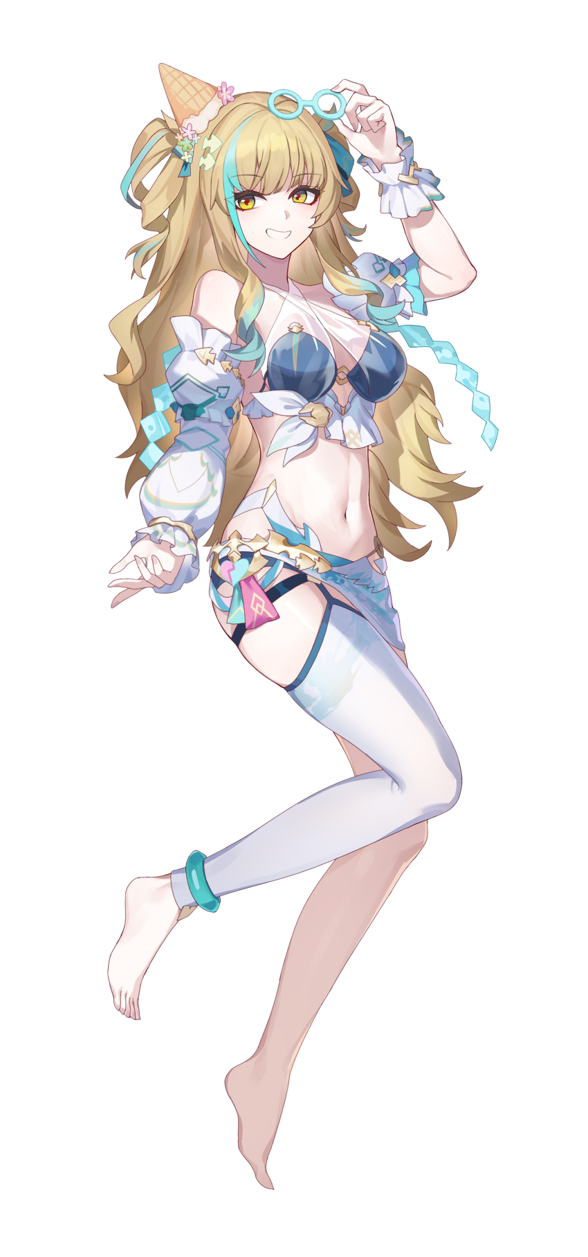 1girl, absurdres, asymmetrical_sleeves, bare_shoulders, barefoot, bikini, blonde_hair, breasts