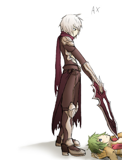 2boys, armored_boots, assassin_cross_(ragnarok_online), black_eyes, boots, brown_pants, brown_shirt, closed_mouth