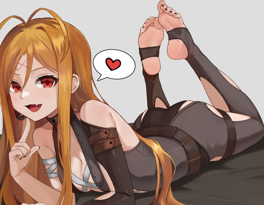 absurdres, fang, fantasy_suhakdaejeon, feet, highres, jager, lying, on_stomach, simple_background, soles, stirrup_legwear, the_pose, toeless_legwear, toes