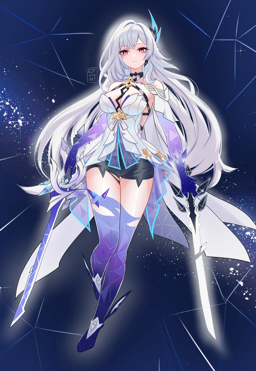 1girl, absurdres, azurelight_(genshin_impact), black_shorts, breasts, cleavage, commentary_request, dress