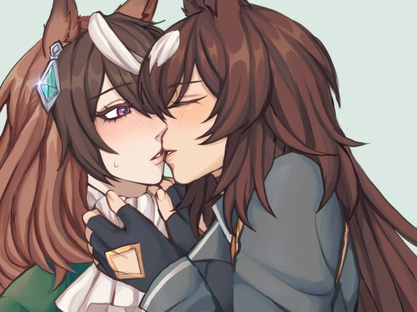 2girls, animal_ears, black_gloves, blue_background, brown_hair, closed_eyes, commentary, english_commentary, fingerless_gloves, gloves, grey_jacket, highres, horse_ears, horse_girl, jacket, kiss, long_hair, multiple_girls, parted_lips, purple_eyes, simple_background, sirius_symboli_(umamusume), sunny_pretzel, symboli_rudolf_(umamusume), umamusume, upper_body, white_streaks, yuri