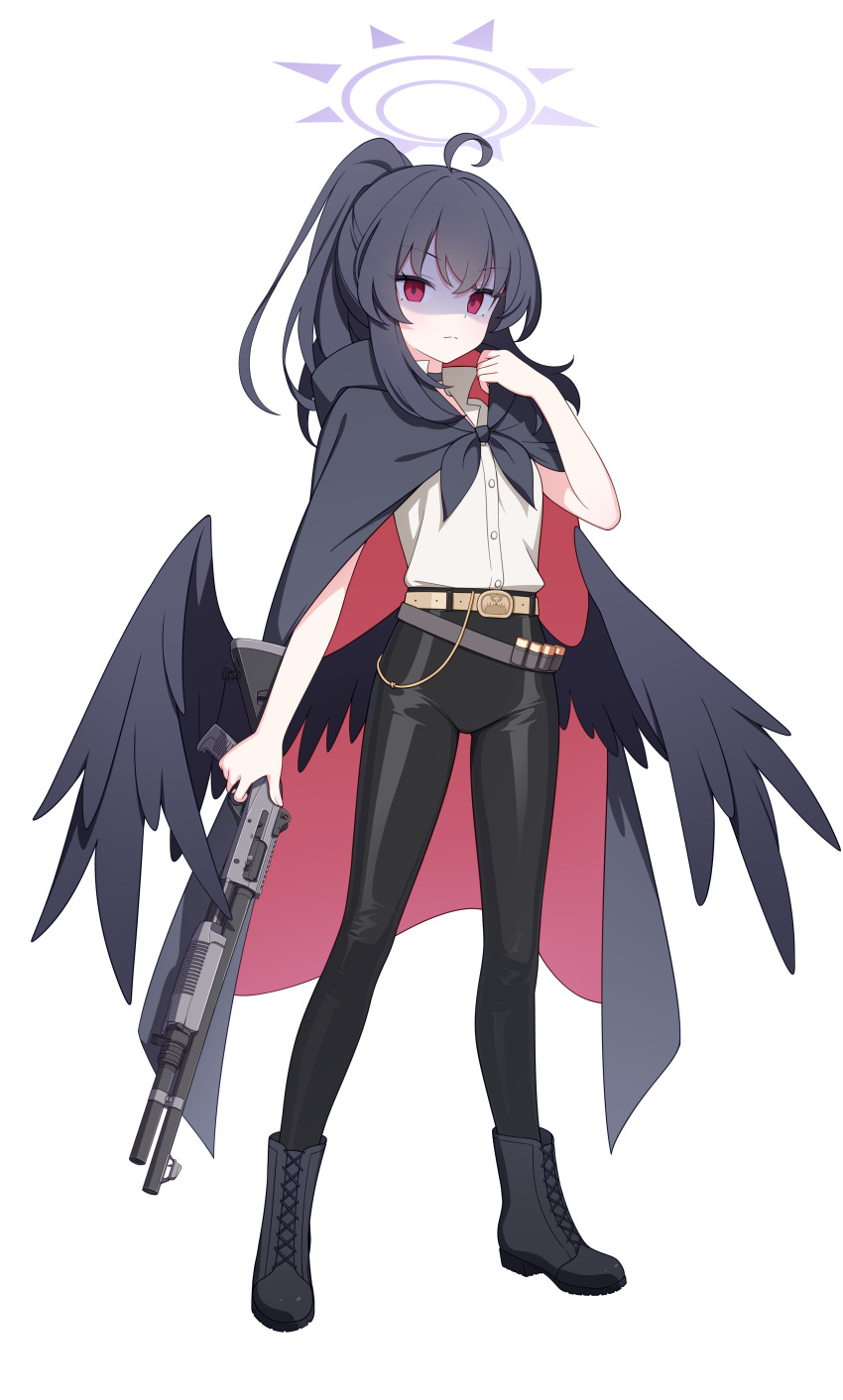 >:(, 1girl, absurdres, ahoge, belt, black_boots, black_choker, black_cloak