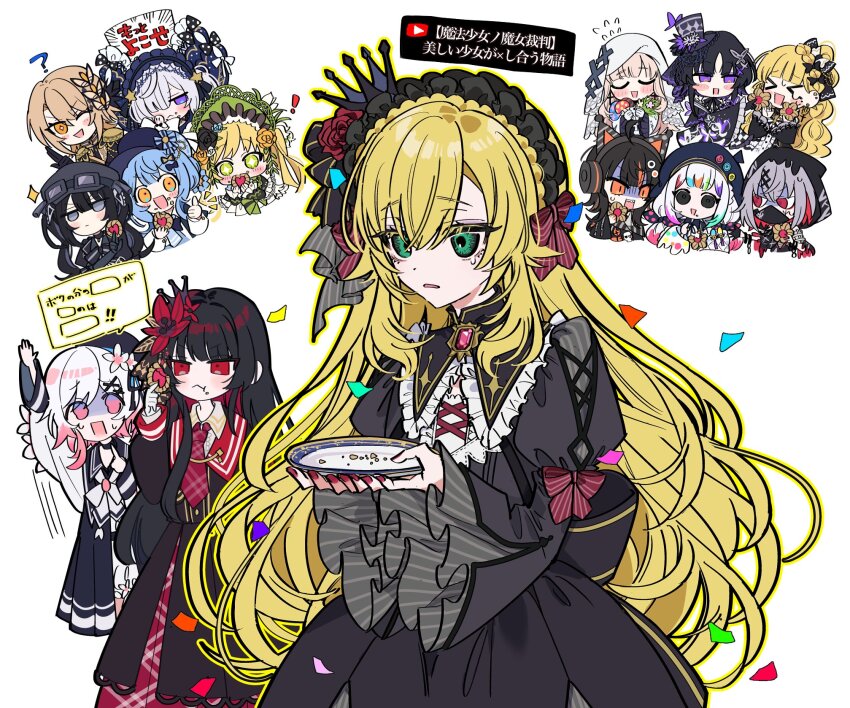 !, >_<, 1boy, 6+girls, arm_up, black_dress, black_hair, black_hat