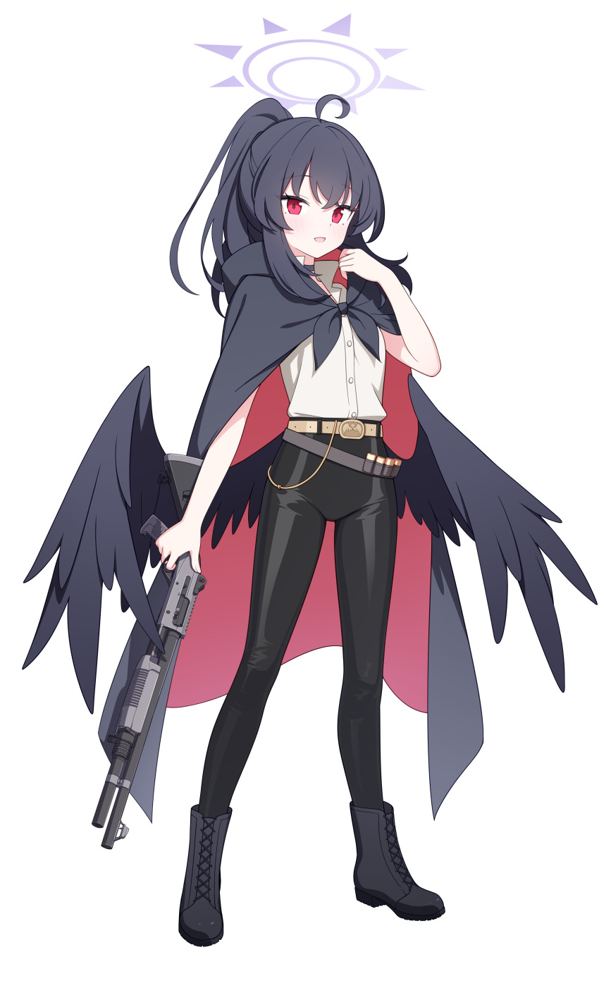 1girl, :d, absurdres, ahoge, belt, black_boots, black_choker, black_cloak