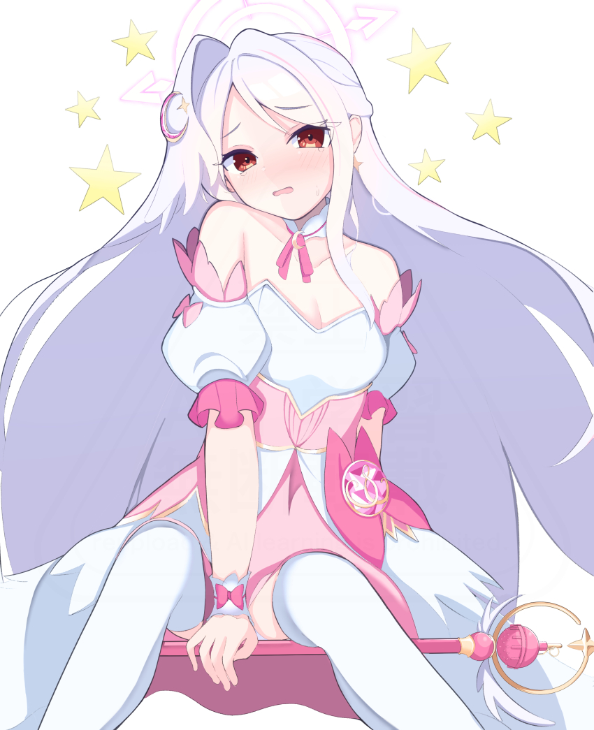 1girl, absurdres, arm_between_legs, blue_archive, blush, crescent, crescent_hair_ornament, detached_sleeves