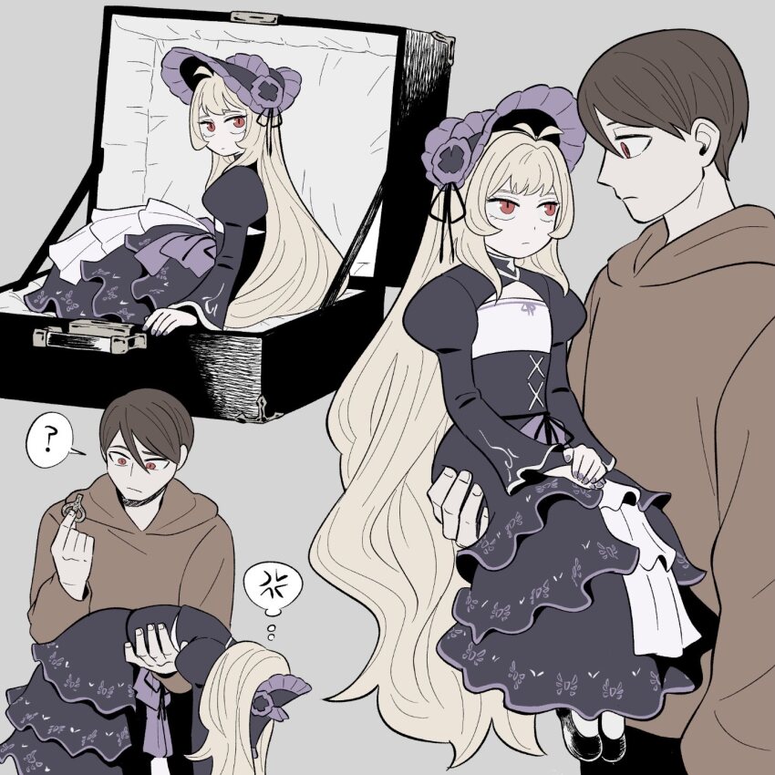 1boy, 1girl, ?, brown_hair, dress, eighth_note, f_duck478, flower, highres, hood, hoodie, long_hair, long_sleeves, multiple_boys, musical_note, original, red_eyes, short_hair, spoken_question_mark