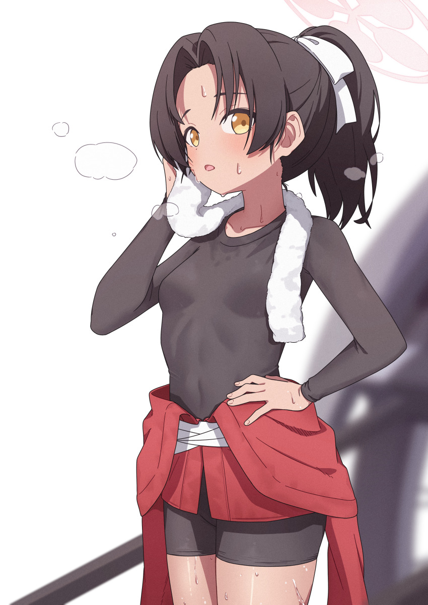 1girl, absurdres, bike_shorts, black_hair, blue_archive, breasts, commentary, cowboy_shot, curtained_hair, fuhao10708, hand_on_own_hip, highres, long_sleeves, looking_at_viewer, parted_lips, ponytail, rickshaw_student_(blue_archive), short_hair, sideways_glance, small_breasts, solo, sweat, untranslatable_commentary, towel, towel_around_neck, wiping_sweat, yellow_eyes