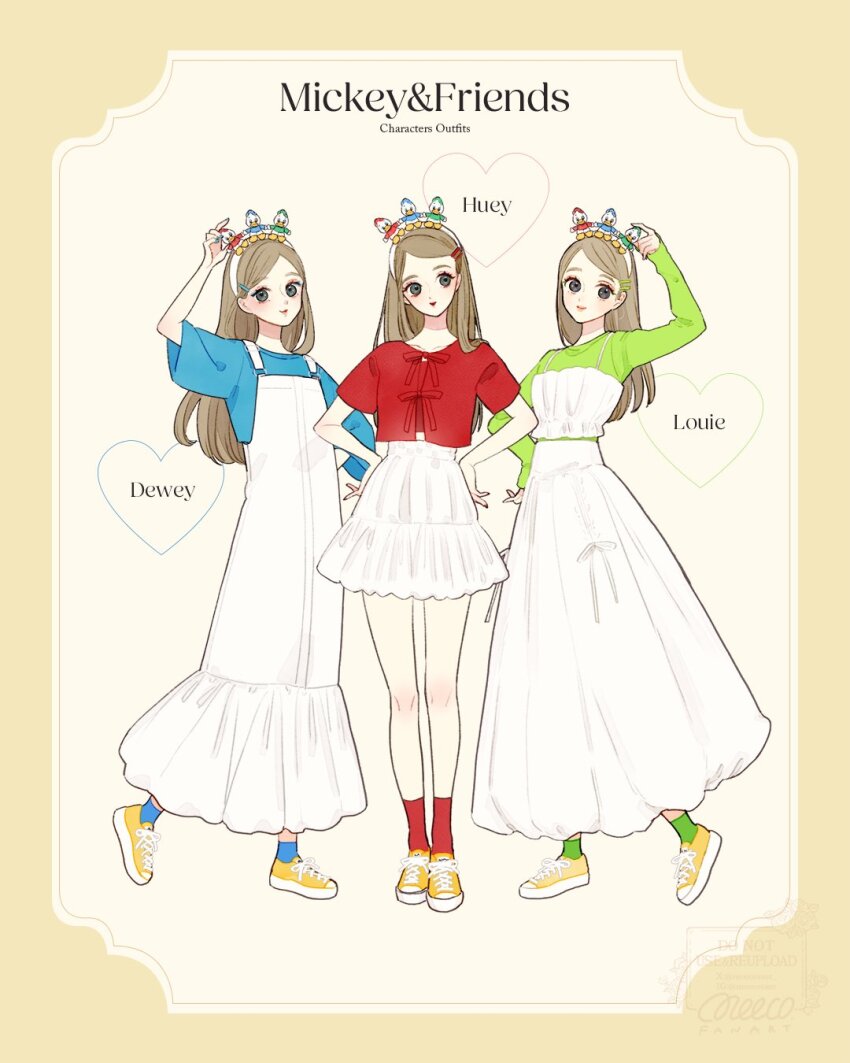 3girls, animification, blue_shirt, brown_eyes, brown_hair, copyright_name, dewey_duck, genderswap