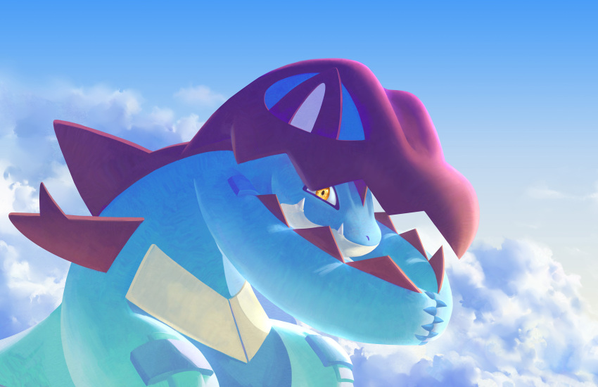 absurdres, claws, closed_mouth, cloud, commentary_request, day, fangs, fangs_out, feraligatr, gen_2_pokemon, highres, hunched_over, mega_feraligatr, nintendo, no_humans, outdoors, pokemon, pokemon_(creature), pokemon_focus, sky, solo, wer_(no0701), yellow_eyes