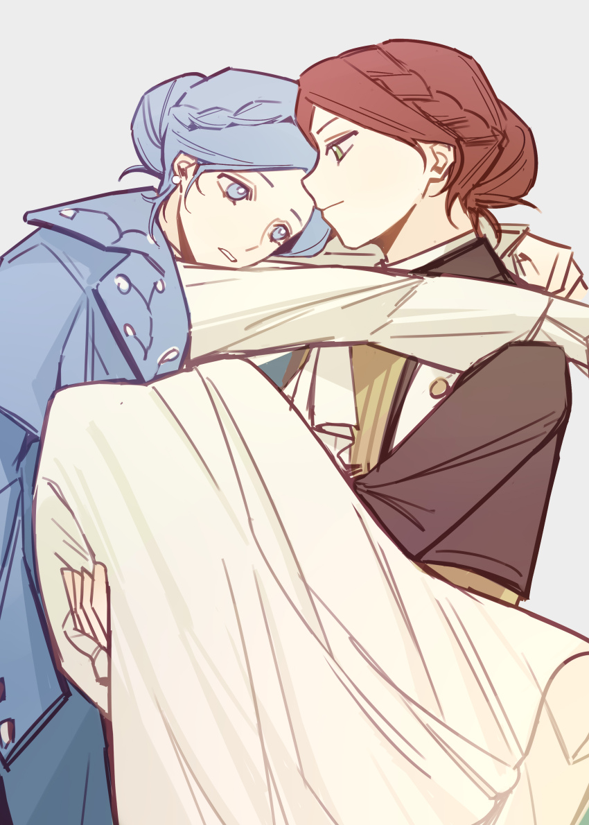 2girls, absurdres, blue_coat, blue_eyes, blue_hair, braid, carrying, carrying_person