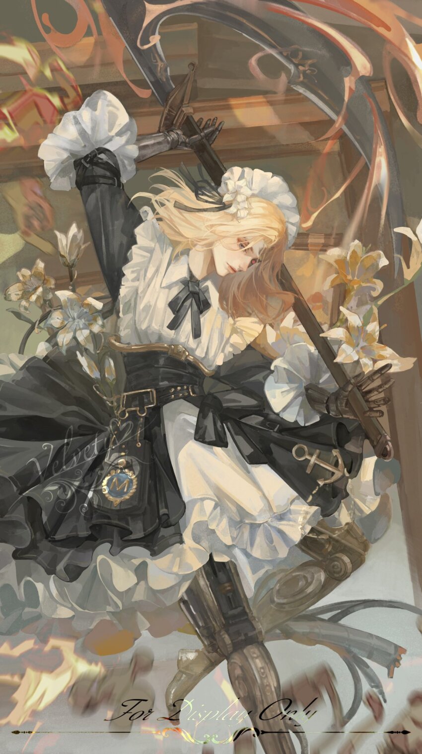 1boy, alternate_costume, androgynous, artificial_eye, blonde_hair, blue_eyes, chengya_huanwo, commentary