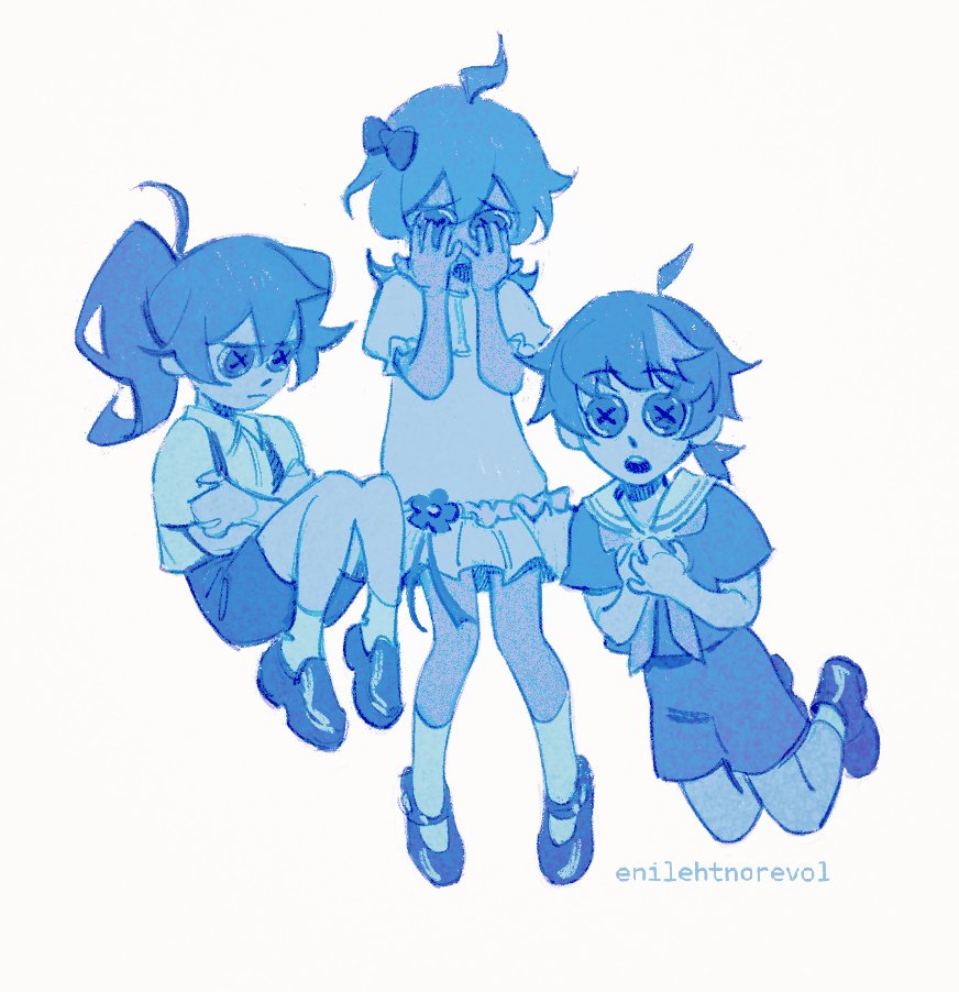 1girl, 2boys, aged_down, ahoge, alternate_costume, ankle_socks, artist_name, blue_hair