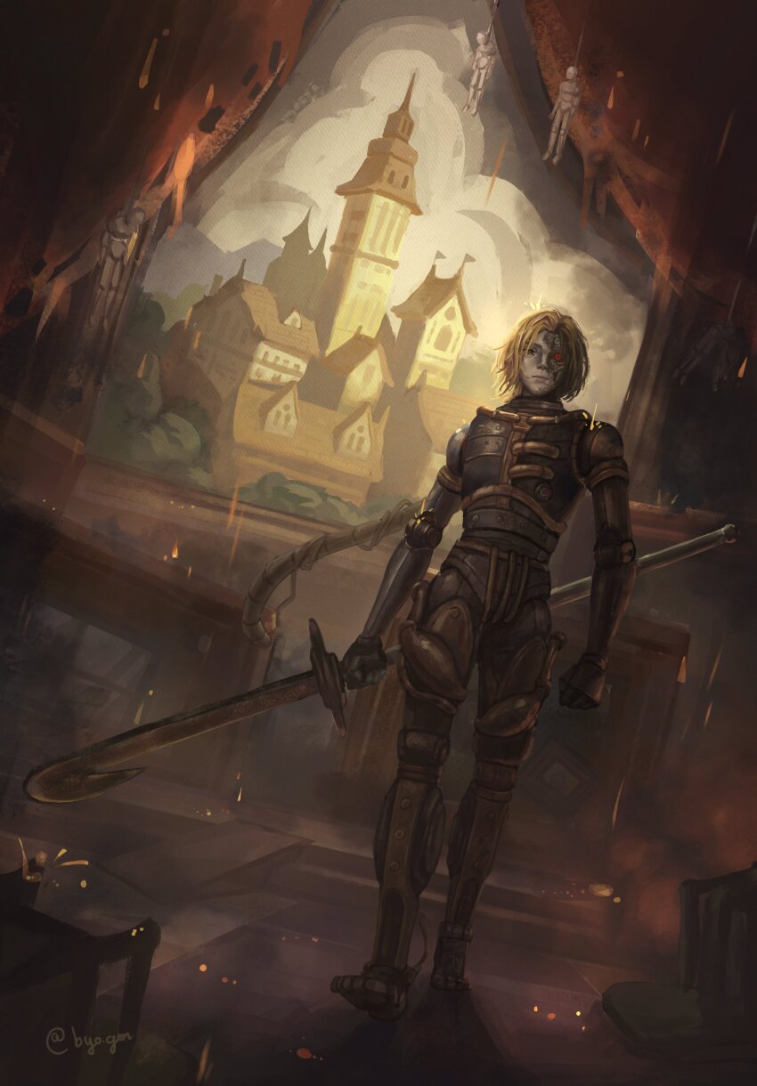 1boy, absurdres, artificial_eye, black_sclera, blonde_hair, boss_fight, byougen, colored_sclera