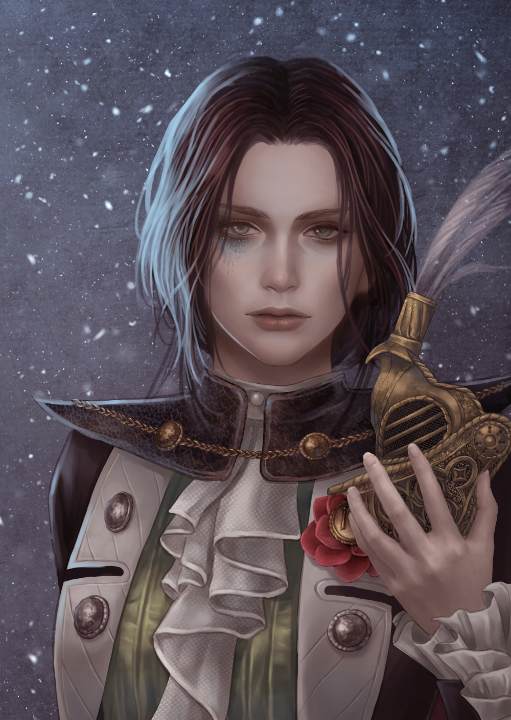 1girl, ascot, commentary, eyelashes, highres, holding, holding_mask, lea_florence_monad