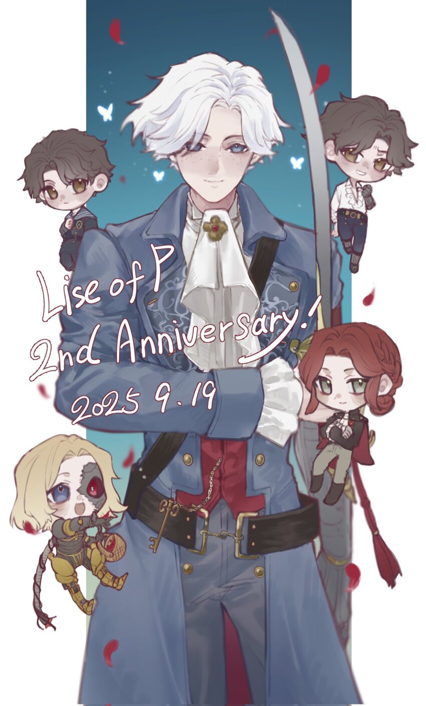 1girl, 3boys, anniversary, black_sclera, blonde_hair, blue_eyes, brown_eyes, brown_hair