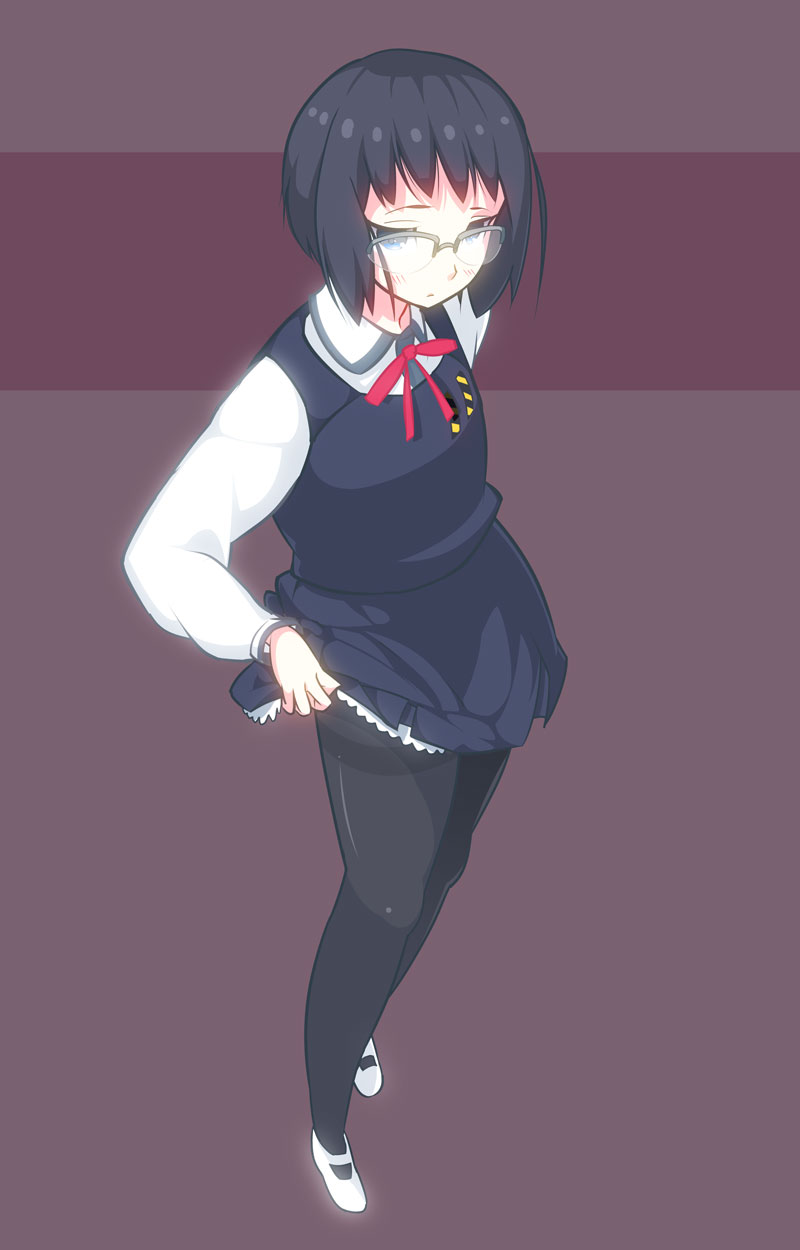 1girl, bad_id, bad_pixiv_id, black_hair, black_pantyhose, blue_eyes, blush, clothes_lift