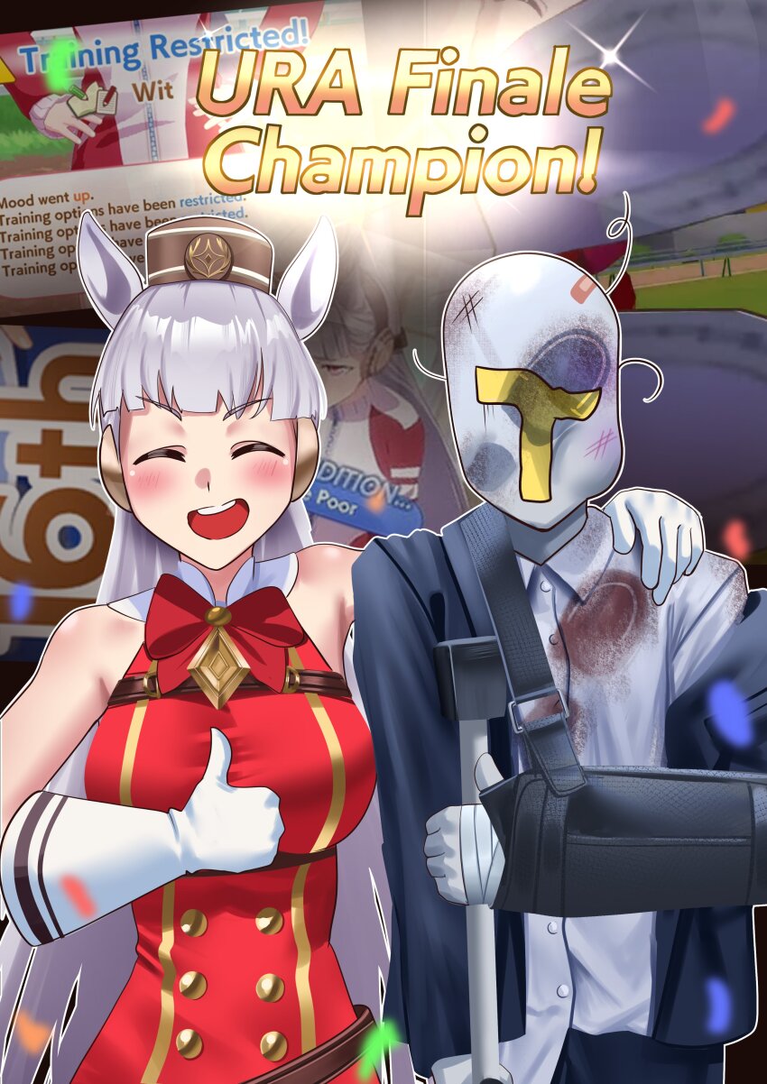 1boy, 1girl, absurdres, animal_ears, arm_sling, bandages, black_jacket, blunt_bangs, bow, bowtie, brown_hat, cane, cheek_bulge, crutch, dress, footprint_on_body, footprint_on_face, footprints, gameplay_mechanics, gloves, gold_ship_(red_strife)_(umamusume), gold_ship_(umamusume), grey_hair, hat, highres, holding_another's_arm, horse_ears, horse_girl, jacket, kicked, long_hair, manjo_(warito), pillbox_hat, punched, red_bow, red_dress, shirt, sleeveless, sleeveless_dress, smile, t-head_trainer_(umamusume), thumbs_up, trainer_(umamusume), umamusume, white_gloves, white_shirt