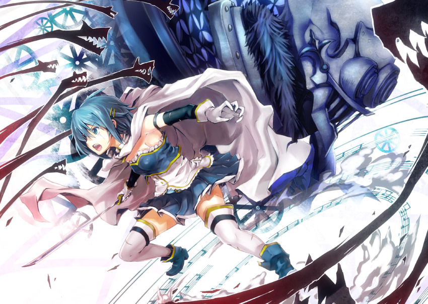 10s, 1girl, blue_eyes, blue_hair, cape, gloves, hair_ornament, hairclip