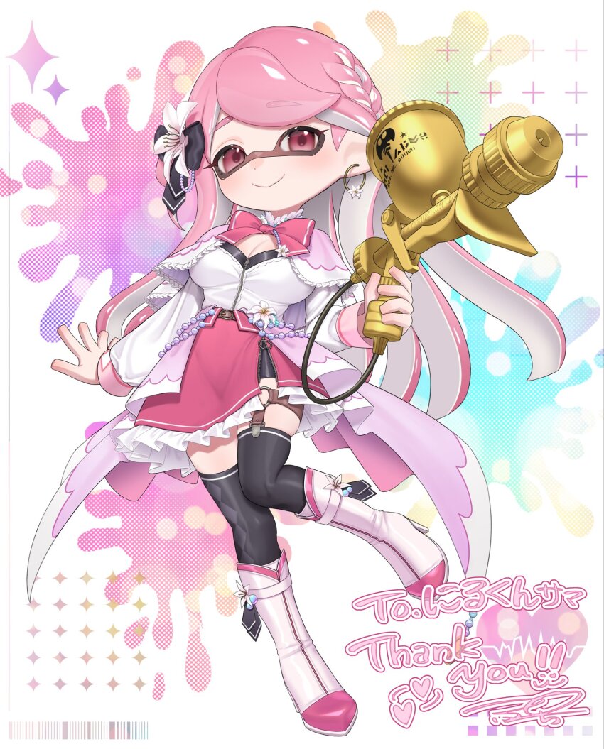 1girl, :>, aerospray_(splatoon), alternate_species, black_bow, black_shorts, black_thighhighs, boots