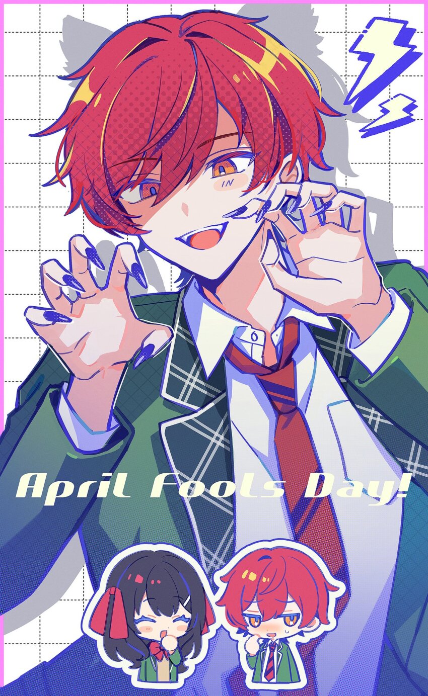 1boy, 1girl, 4k10r1, :d, april_fools, blush, border, character_request