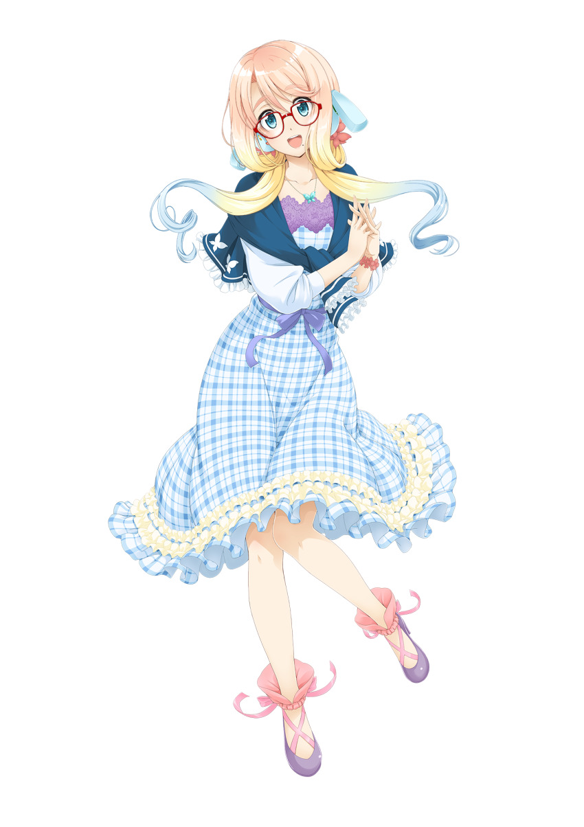 1girl, :d, ankle_ribbon, anklet, aqua_eyes, asymmetrical_bangs, blonde_hair, blue_cardigan