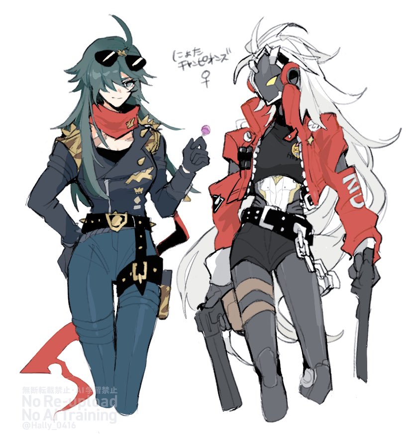 2girls, ahoge, belt, billy_kid, black_shirt, black_shorts, breasts, candy