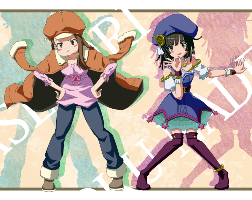 2girls, bad_id, bad_pixiv_id, bakemonogatari, beret, black_eyes, black_hair, boots, brown_eyes, brown_hair, cosplay, costume_switch, crossover, hat, idolmaster, idolmaster_(classic), idolmaster_2, jacket, jacket_on_shoulders, kugimiya_rie, long_hair, minase_iori, minase_iori_(cosplay), monogatari_(series), multiple_girls, open_mouth, palace_of_dragon_(idolmaster), sengoku_nadeko, sengoku_nadeko_(cosplay), shige_(y_shige10), short_hair, thigh_boots, thighhighs, voice_actor_connection
