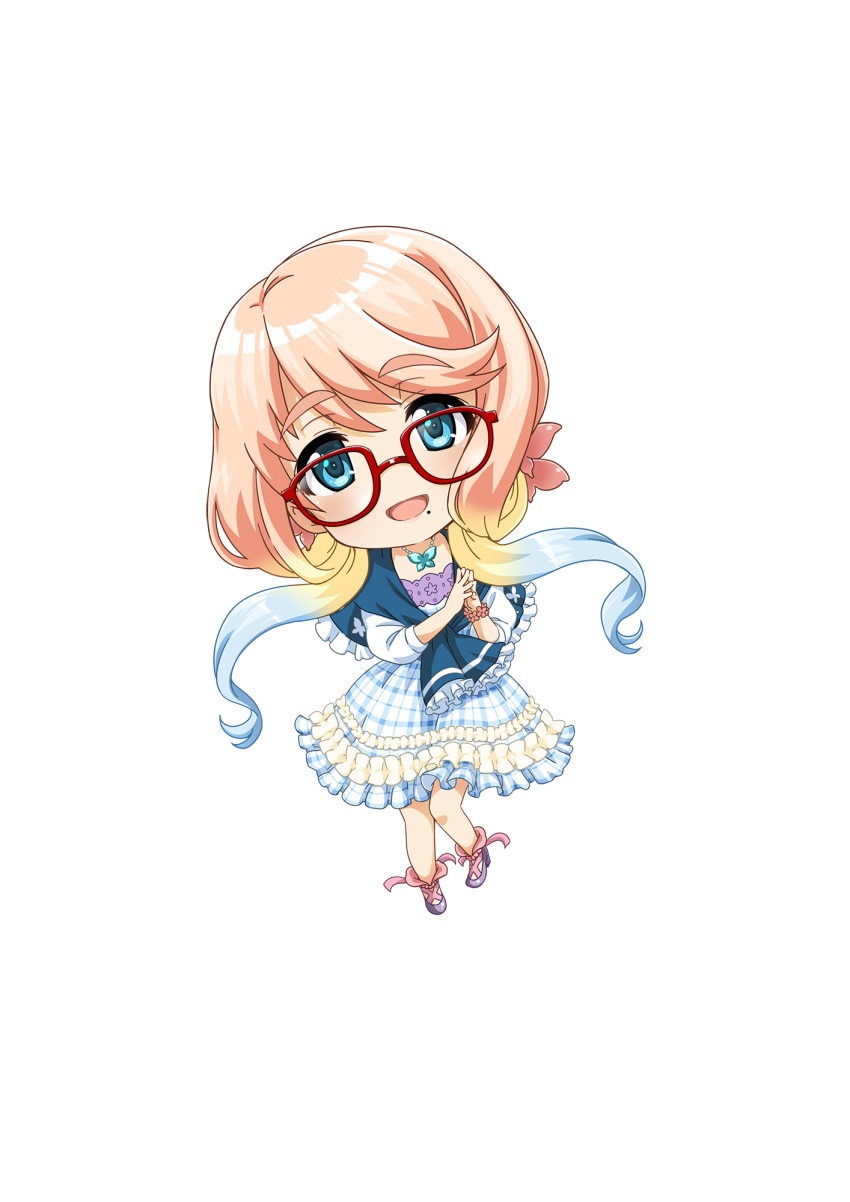1girl, :d, ankle_ribbon, anklet, aqua_eyes, asymmetrical_bangs, blonde_hair, blue_cardigan