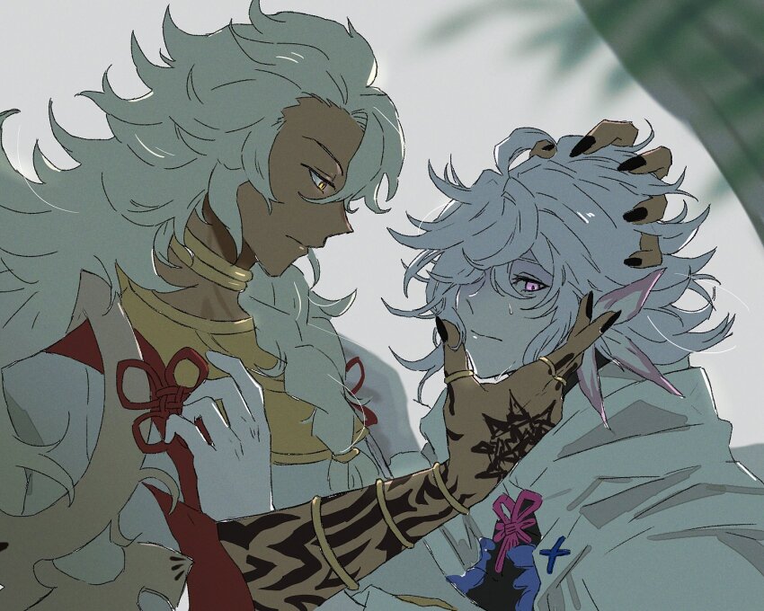 2boys, ahoge, black_nails, bracelet, braid, dark-skinned_male, dark_skin, fate/grand_order