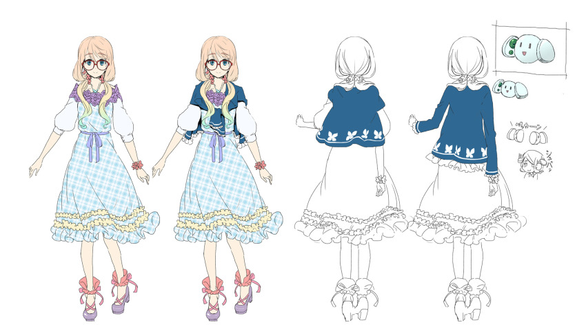 1girl, ankle_ribbon, anklet, aqua_eyes, asymmetrical_bangs, blonde_hair, blue_cardigan, blue_dress
