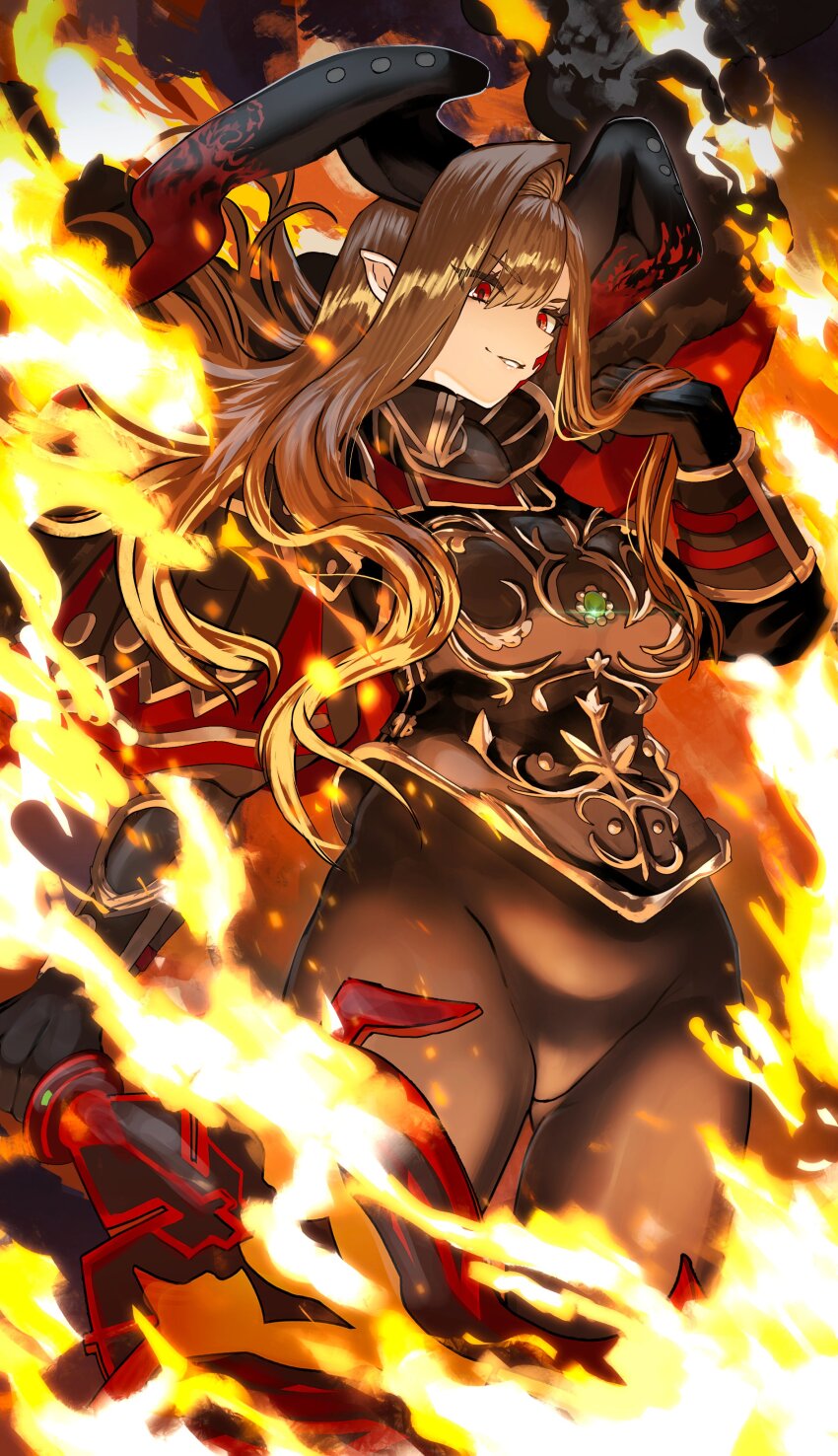 1girl, absurdres, aestus_estus_(queen_draco), arm_guards, armor, asymmetrical_bangs, black_armor, black_bodysuit, black_gloves, blonde_hair, bodysuit, breastplate, breasts, cape, facial_mark, fate/grand_order, fate_(series), fire, fur-trimmed_cape, fur_trim, gloves, grin, hair_over_one_eye, highres, horns, large_breasts, long_hair, looking_at_viewer, nero_claudius_(fate), pauldrons, pointy_ears, queen_draco_(fate), queen_draco_(third_ascension)_(fate), red_eyes, shibao_aoyama, shoulder_armor, smile, solo, sword, thighs, weapon