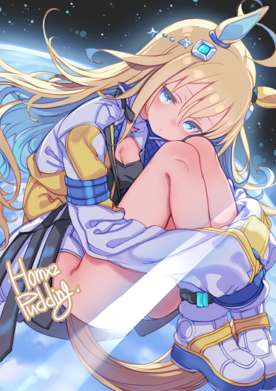 1girl, ahoge, animal_ears, artist_name, blonde_hair, blue_eyes, blue_hair, blush