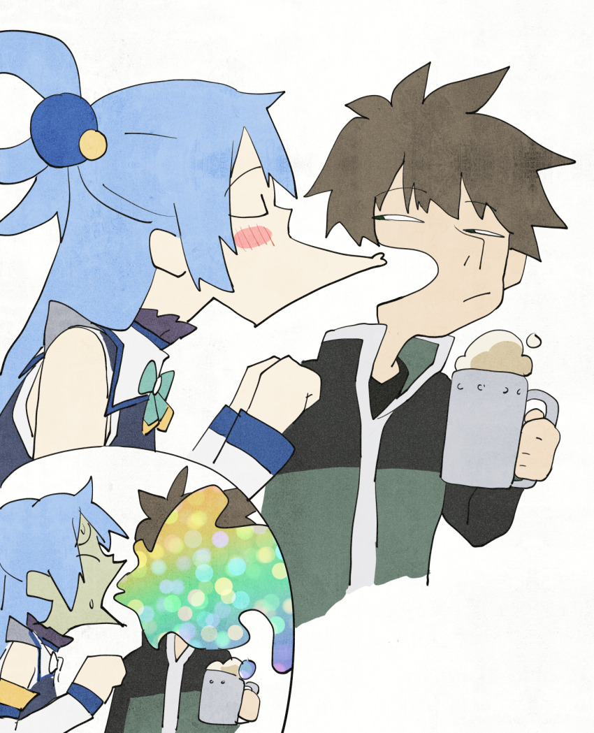 1boy, 1girl, :/, alcohol, aqua_(konosuba), beer, beer_mug, blue_hair