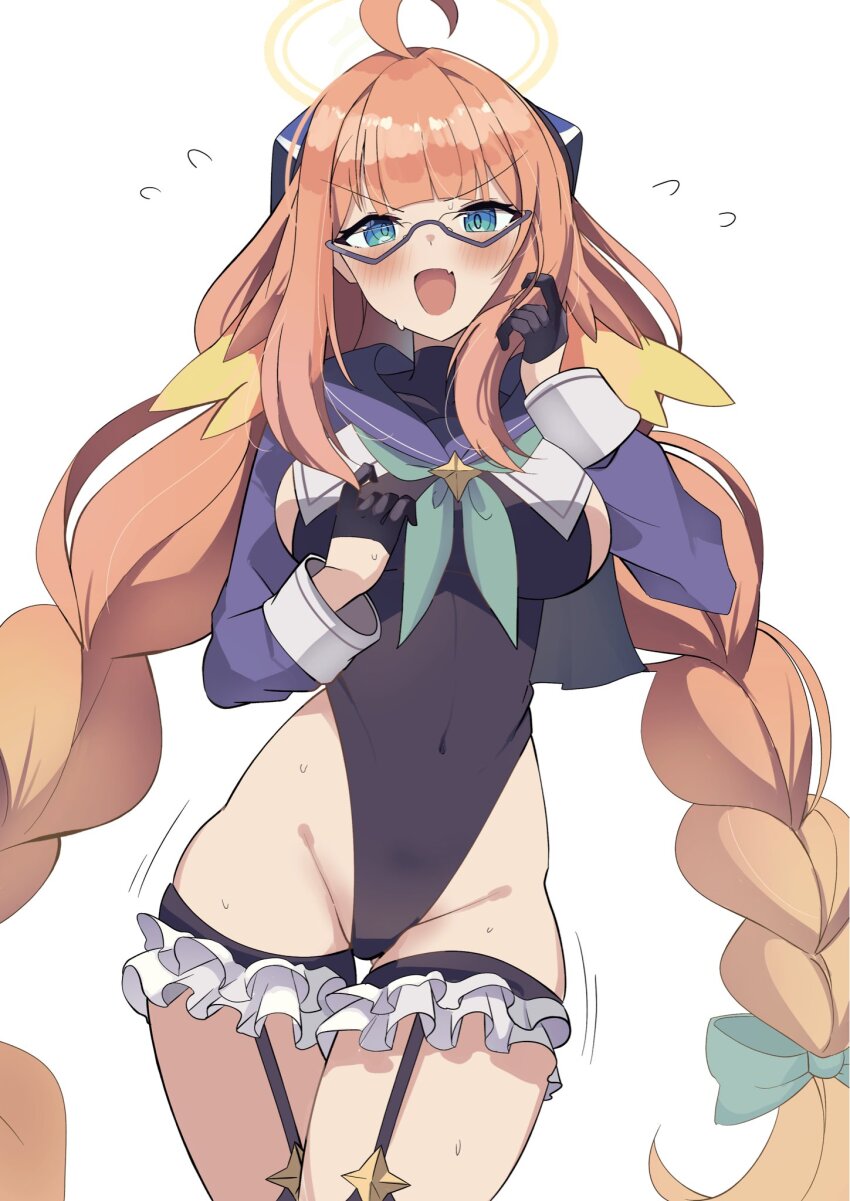 1girl, black_leotard, blue_archive, blue_shrug, braid, braided_twintails, feather_hair, feathers