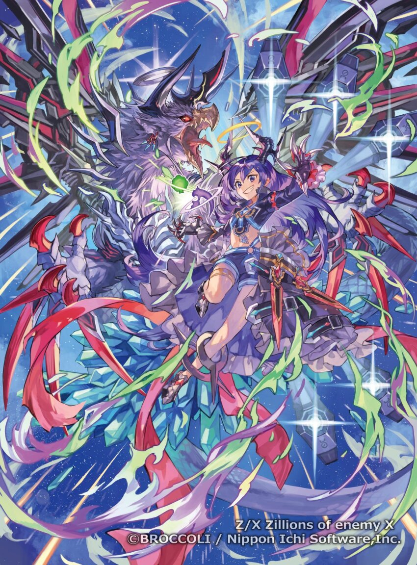 1girl, ahoge, almotaher_(z/x), aura, bird_monster, black_hands, black_horns, clawed_hands, clenched_teeth, colored_extremities, copyright_notice, grey_shoes, halo, highres, horns, kamiyugi_yachiyo, long_hair, midriff, navel, official_art, purple_eyes, purple_hair, purple_shirt, purple_shorts, red_eyes, shirt, shoes, shorts, sparkle, tapioka_chaso, teeth, thigh_strap, traditional_halo, z/x